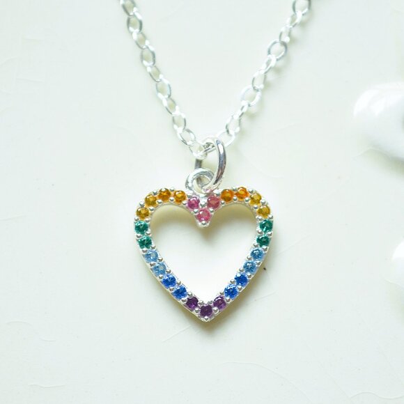 Rainbow Heart Necklace for Girls with Cubic Zirconia - Picture 1 of 10